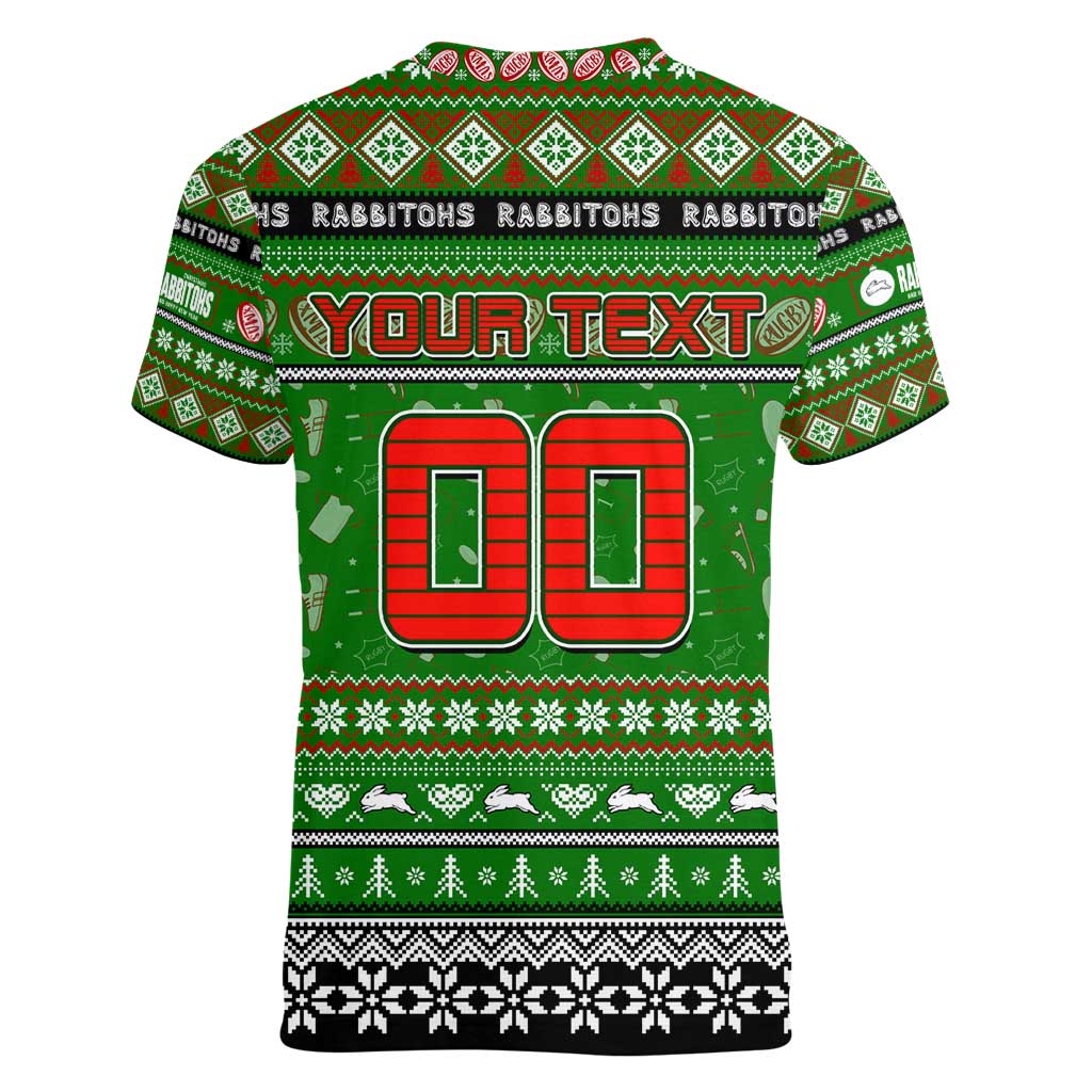Personalized Rabbitohs Rugby Xmas Women V-Neck T-Shirt Australia NRL Mascot