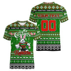 Personalized Rabbitohs Rugby Xmas Women V-Neck T-Shirt Australia NRL Mascot