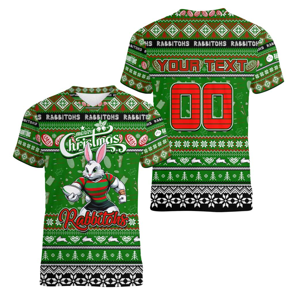 Personalized Rabbitohs Rugby Xmas Women V-Neck T-Shirt Australia NRL Mascot