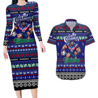 Personalized New Zealand Warriors Rugby Xmas Couples Matching Long Sleeve Bodycon Dress and Hawaiian Shirt Australia NRL Mascot
