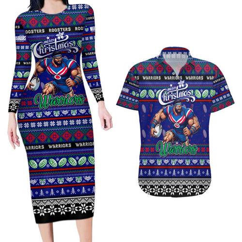 Personalized New Zealand Warriors Rugby Xmas Couples Matching Long Sleeve Bodycon Dress and Hawaiian Shirt Australia NRL Mascot
