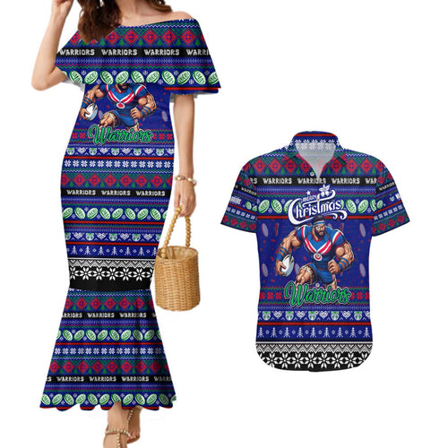 Personalized New Zealand Warriors Rugby Xmas Couples Matching Mermaid Dress and Hawaiian Shirt Australia NRL Mascot