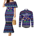 Personalized New Zealand Warriors Rugby Xmas Couples Matching Mermaid Dress and Long Sleeve Button Shirt Australia NRL Mascot