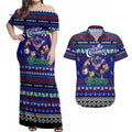Personalized New Zealand Warriors Rugby Xmas Couples Matching Off Shoulder Maxi Dress and Hawaiian Shirt Australia NRL Mascot
