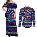 Personalized New Zealand Warriors Rugby Xmas Couples Matching Off Shoulder Maxi Dress and Long Sleeve Button Shirt Australia NRL Mascot