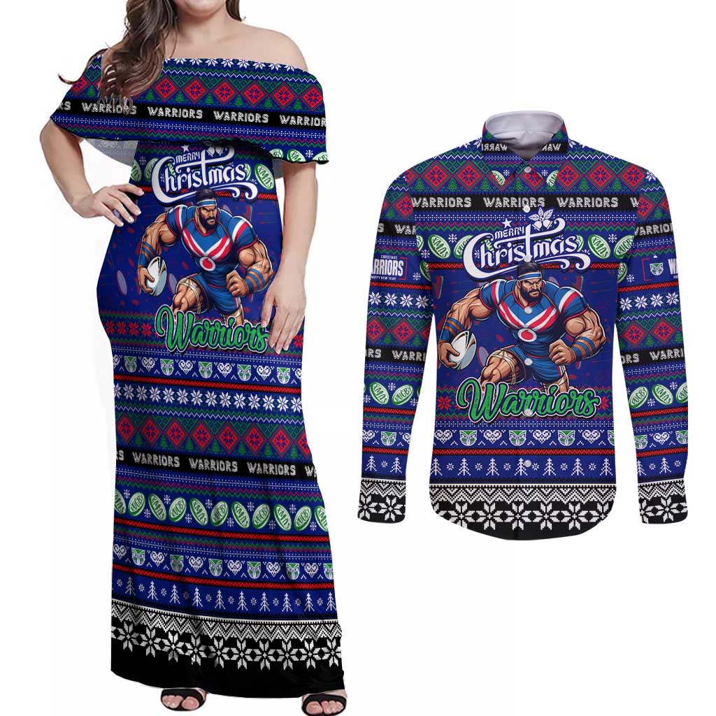 Personalized New Zealand Warriors Rugby Xmas Couples Matching Off Shoulder Maxi Dress and Long Sleeve Button Shirt Australia NRL Mascot