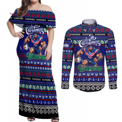 Personalized New Zealand Warriors Rugby Xmas Couples Matching Off Shoulder Maxi Dress and Long Sleeve Button Shirt Australia NRL Mascot