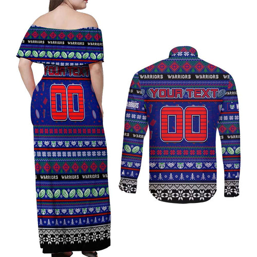 Personalized New Zealand Warriors Rugby Xmas Couples Matching Off Shoulder Maxi Dress and Long Sleeve Button Shirt Australia NRL Mascot