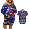 Personalized New Zealand Warriors Rugby Xmas Couples Matching Off Shoulder Short Dress and Hawaiian Shirt Australia NRL Mascot