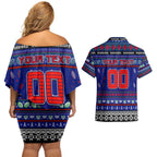 Personalized New Zealand Warriors Rugby Xmas Couples Matching Off Shoulder Short Dress and Hawaiian Shirt Australia NRL Mascot