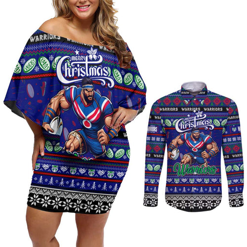 Personalized New Zealand Warriors Rugby Xmas Couples Matching Off Shoulder Short Dress and Long Sleeve Button Shirt Australia NRL Mascot