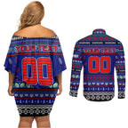 Personalized New Zealand Warriors Rugby Xmas Couples Matching Off Shoulder Short Dress and Long Sleeve Button Shirt Australia NRL Mascot