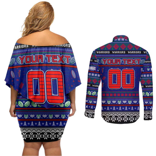 Personalized New Zealand Warriors Rugby Xmas Couples Matching Off Shoulder Short Dress and Long Sleeve Button Shirt Australia NRL Mascot
