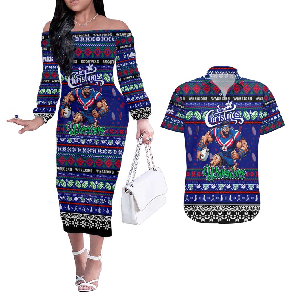 Personalized New Zealand Warriors Rugby Xmas Couples Matching Off The Shoulder Long Sleeve Dress and Hawaiian Shirt Australia NRL Mascot