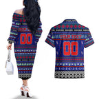 Personalized New Zealand Warriors Rugby Xmas Couples Matching Off The Shoulder Long Sleeve Dress and Hawaiian Shirt Australia NRL Mascot