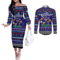 Personalized New Zealand Warriors Rugby Xmas Couples Matching Off The Shoulder Long Sleeve Dress and Long Sleeve Button Shirt Australia NRL Mascot