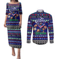 Personalized New Zealand Warriors Rugby Xmas Couples Matching Puletasi and Long Sleeve Button Shirt Australia NRL Mascot