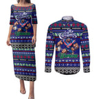 Personalized New Zealand Warriors Rugby Xmas Couples Matching Puletasi and Long Sleeve Button Shirt Australia NRL Mascot