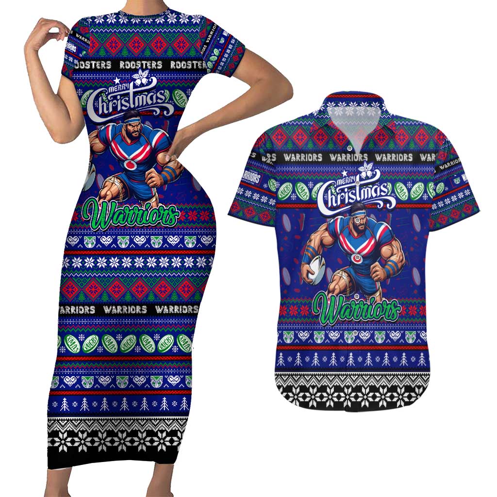 Personalized New Zealand Warriors Rugby Xmas Couples Matching Short Sleeve Bodycon Dress and Hawaiian Shirt Australia NRL Mascot