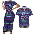 Personalized New Zealand Warriors Rugby Xmas Couples Matching Short Sleeve Bodycon Dress and Hawaiian Shirt Australia NRL Mascot