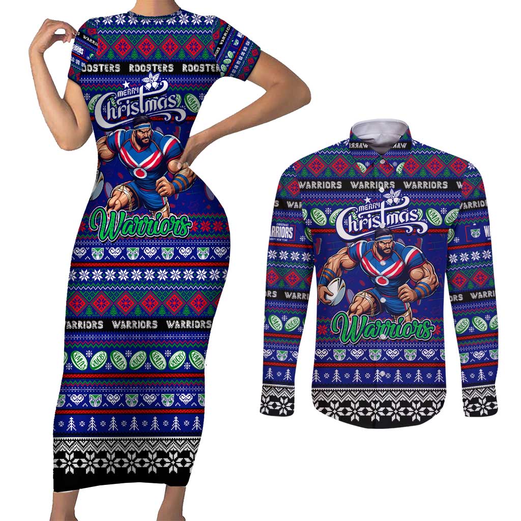 Personalized New Zealand Warriors Rugby Xmas Couples Matching Short Sleeve Bodycon Dress and Long Sleeve Button Shirt Australia NRL Mascot