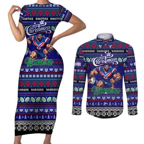 Personalized New Zealand Warriors Rugby Xmas Couples Matching Short Sleeve Bodycon Dress and Long Sleeve Button Shirt Australia NRL Mascot