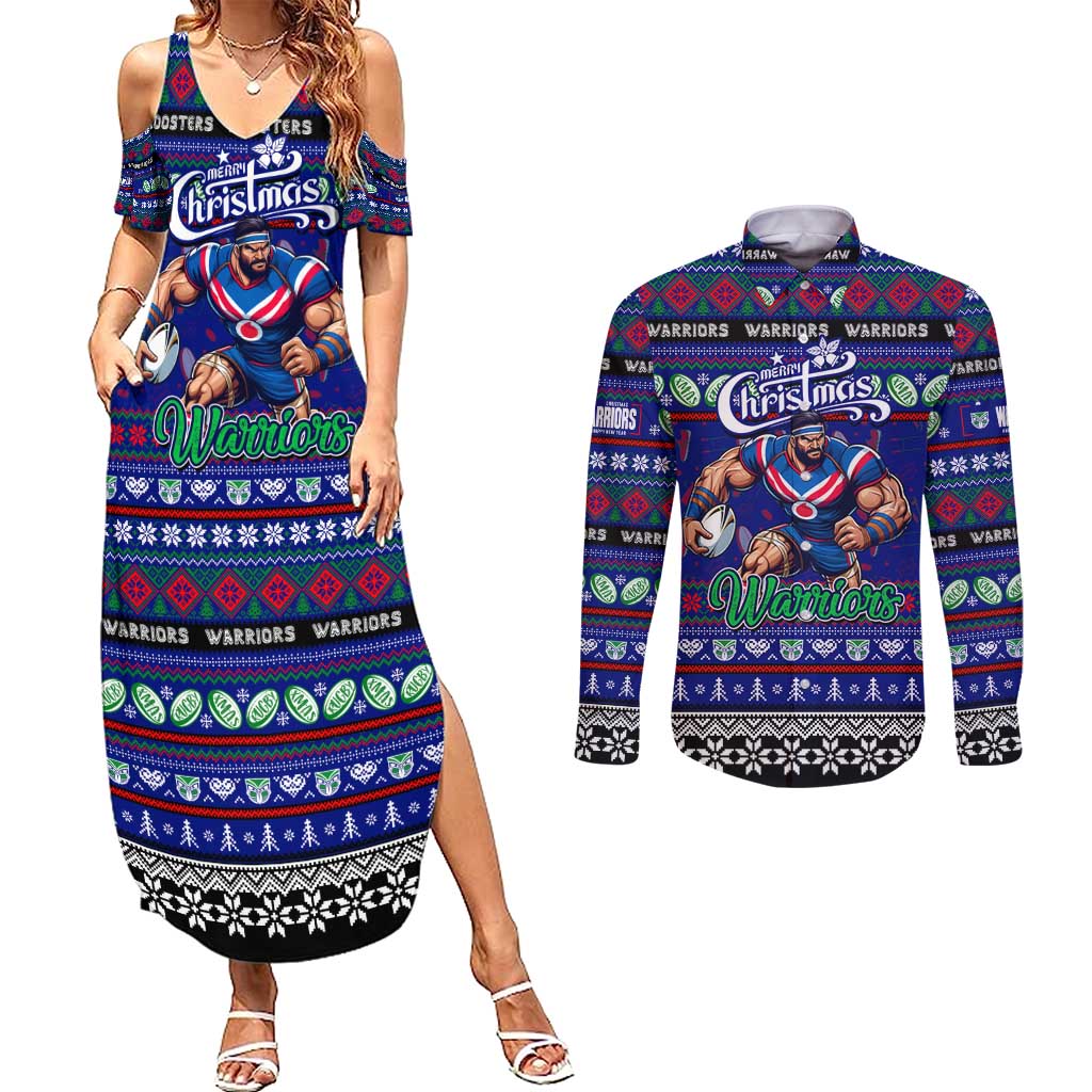 Personalized New Zealand Warriors Rugby Xmas Couples Matching Summer Maxi Dress and Long Sleeve Button Shirt Australia NRL Mascot