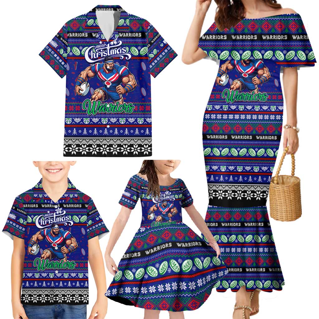 Personalized New Zealand Warriors Rugby Xmas Family Matching Mermaid Dress and Hawaiian Shirt Australia NRL Mascot