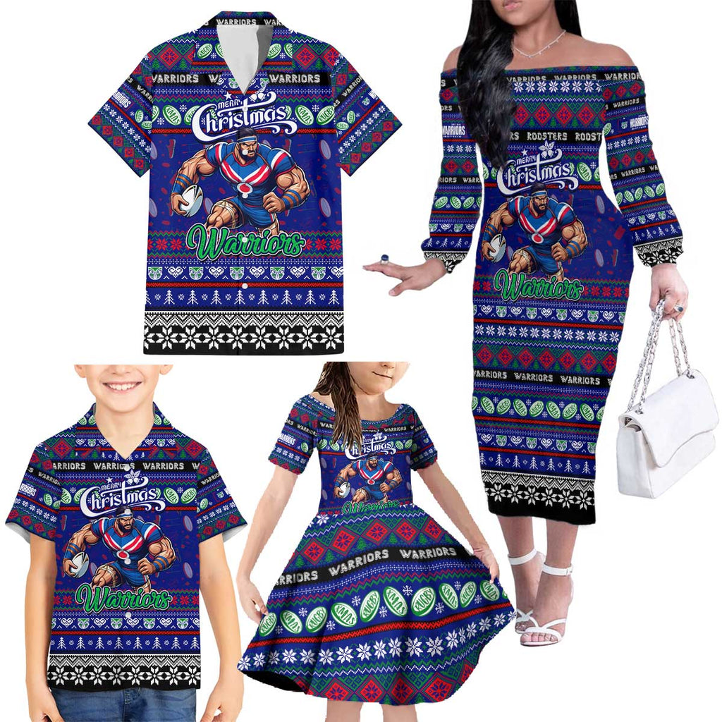 Personalized New Zealand Warriors Rugby Xmas Family Matching Off The Shoulder Long Sleeve Dress and Hawaiian Shirt Australia NRL Mascot