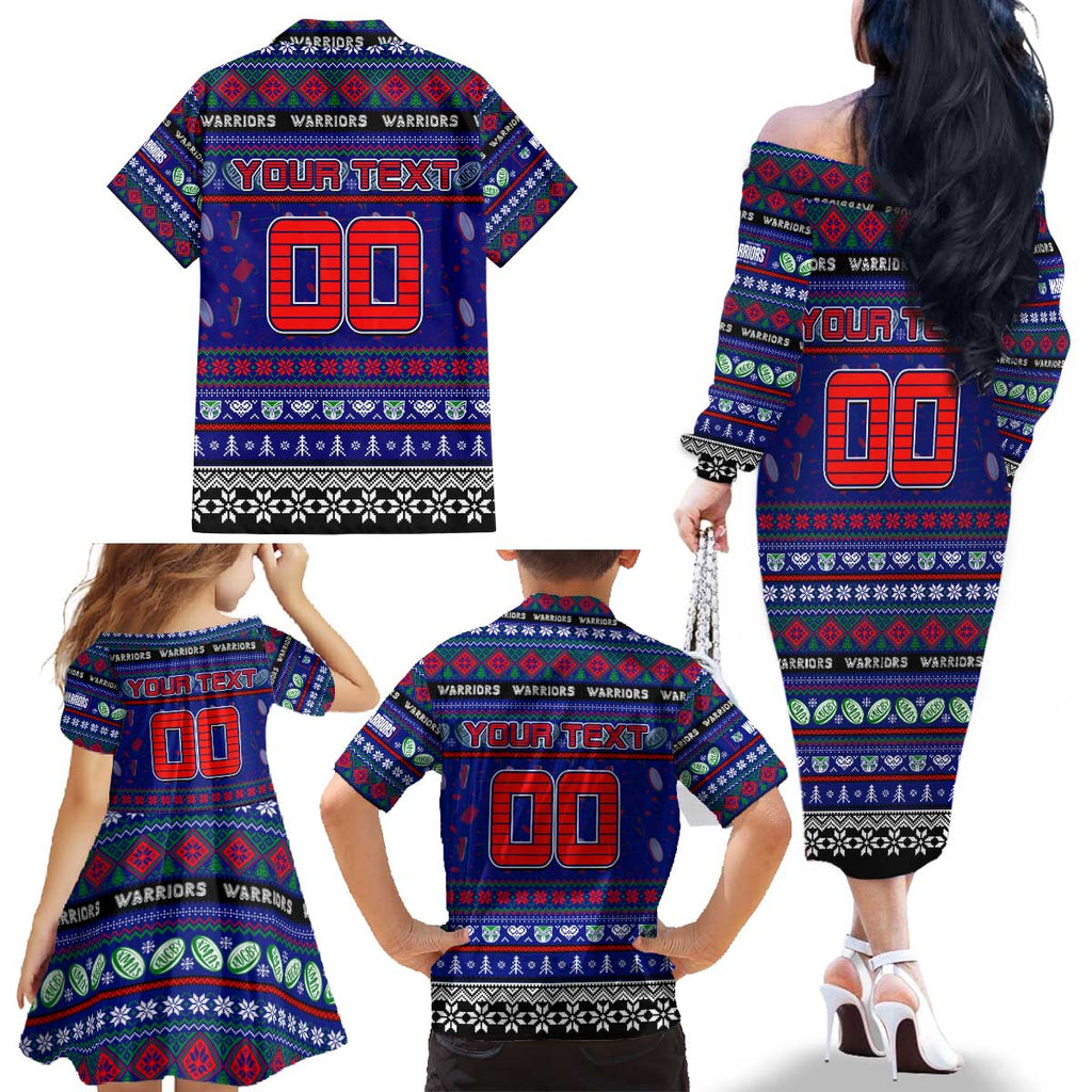 Personalized New Zealand Warriors Rugby Xmas Family Matching Off The Shoulder Long Sleeve Dress and Hawaiian Shirt Australia NRL Mascot