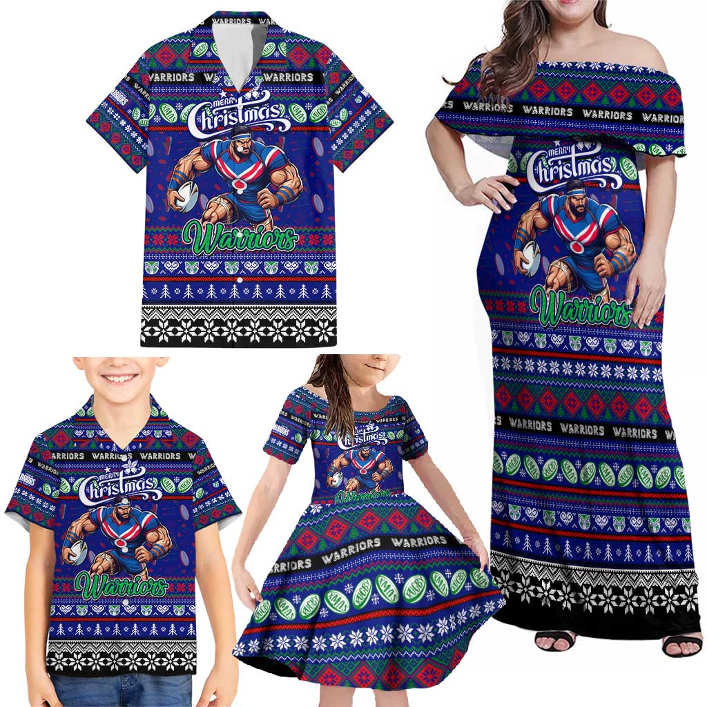 Personalized New Zealand Warriors Rugby Xmas Family Matching Off Shoulder Maxi Dress and Hawaiian Shirt Australia NRL Mascot
