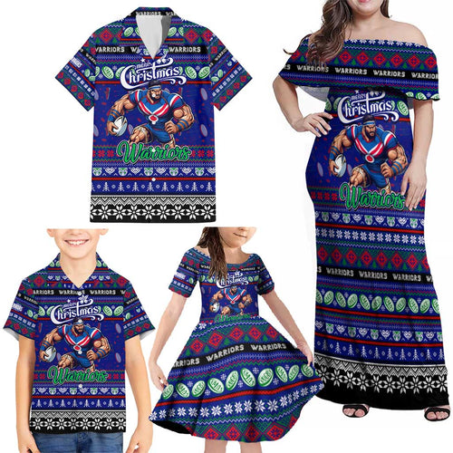 Personalized New Zealand Warriors Rugby Xmas Family Matching Off Shoulder Maxi Dress and Hawaiian Shirt Australia NRL Mascot