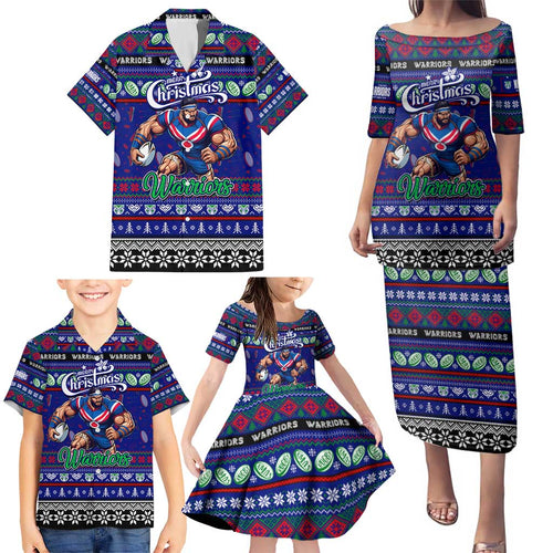 Personalized New Zealand Warriors Rugby Xmas Family Matching Puletasi and Hawaiian Shirt Australia NRL Mascot