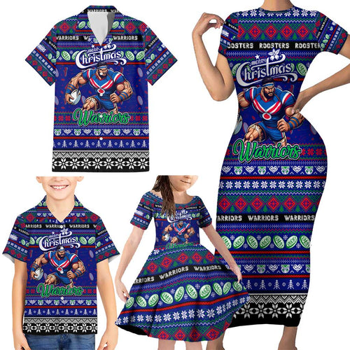 Personalized New Zealand Warriors Rugby Xmas Family Matching Short Sleeve Bodycon Dress and Hawaiian Shirt Australia NRL Mascot
