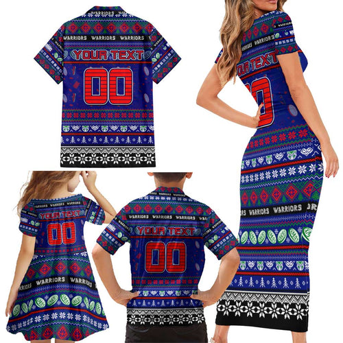 Personalized New Zealand Warriors Rugby Xmas Family Matching Short Sleeve Bodycon Dress and Hawaiian Shirt Australia NRL Mascot