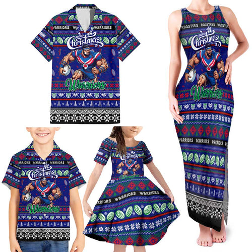 Personalized New Zealand Warriors Rugby Xmas Family Matching Tank Maxi Dress and Hawaiian Shirt Australia NRL Mascot