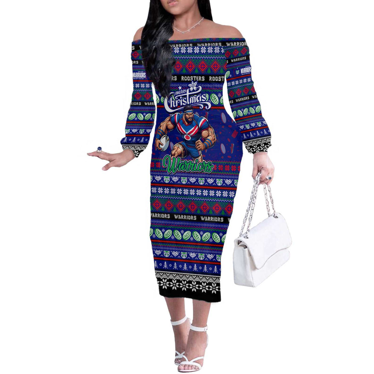 Personalized New Zealand Warriors Rugby Xmas Off The Shoulder Long Sleeve Dress Australia NRL Mascot