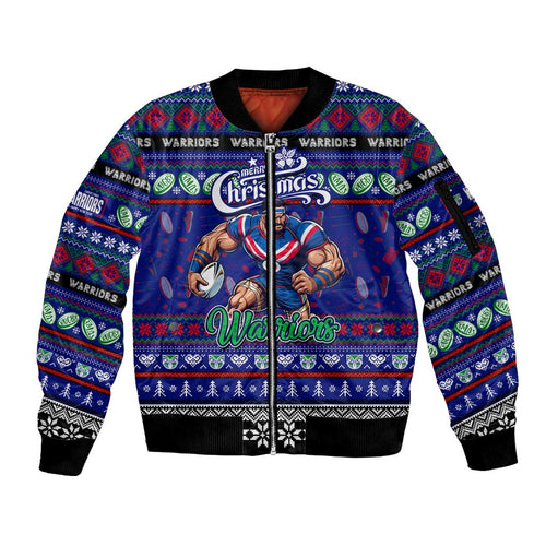 Personalized New Zealand Warriors Rugby Xmas Sleeve Zip Bomber Jacket Australia NRL Mascot