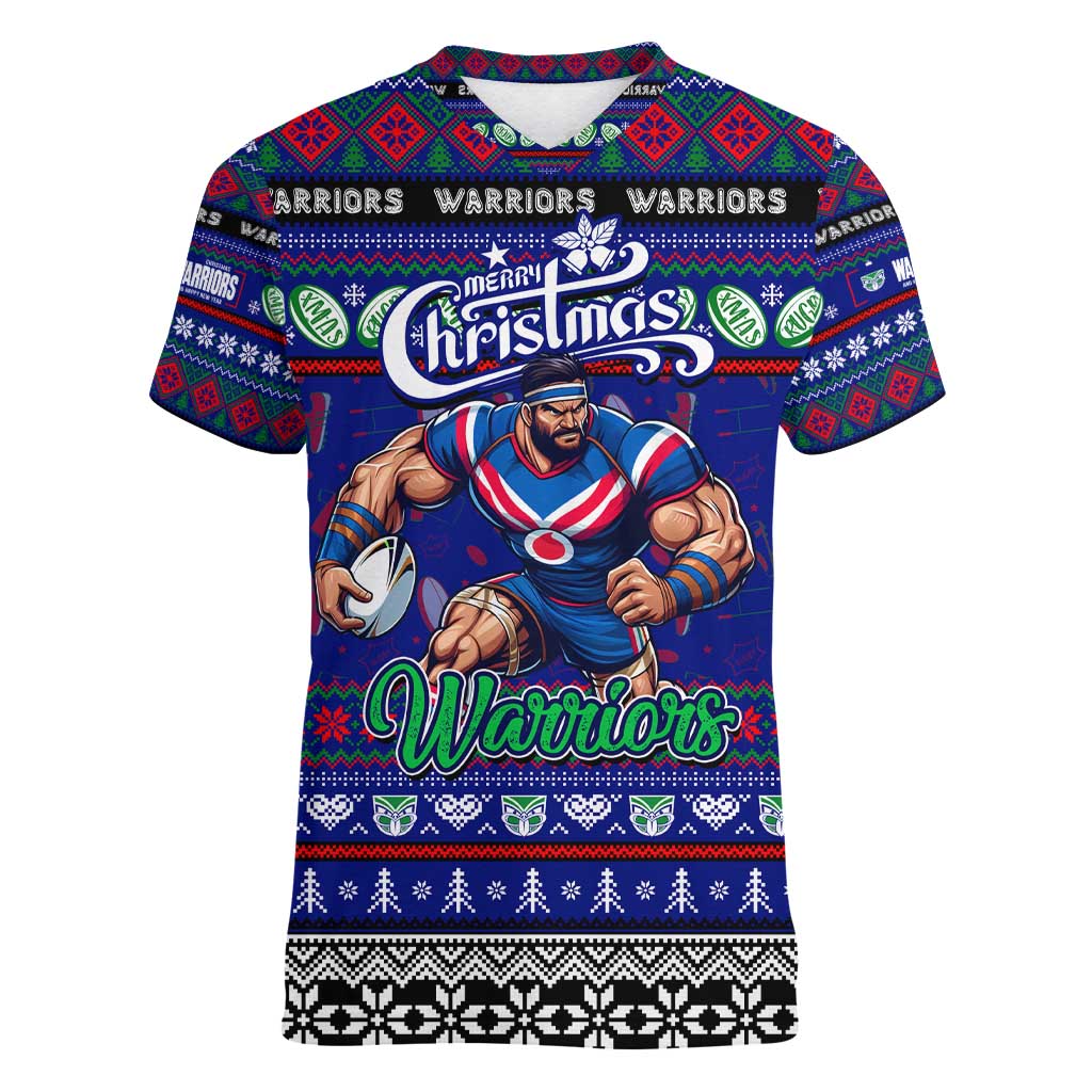 Personalized New Zealand Warriors Rugby Xmas Women V-Neck T-Shirt Australia NRL Mascot