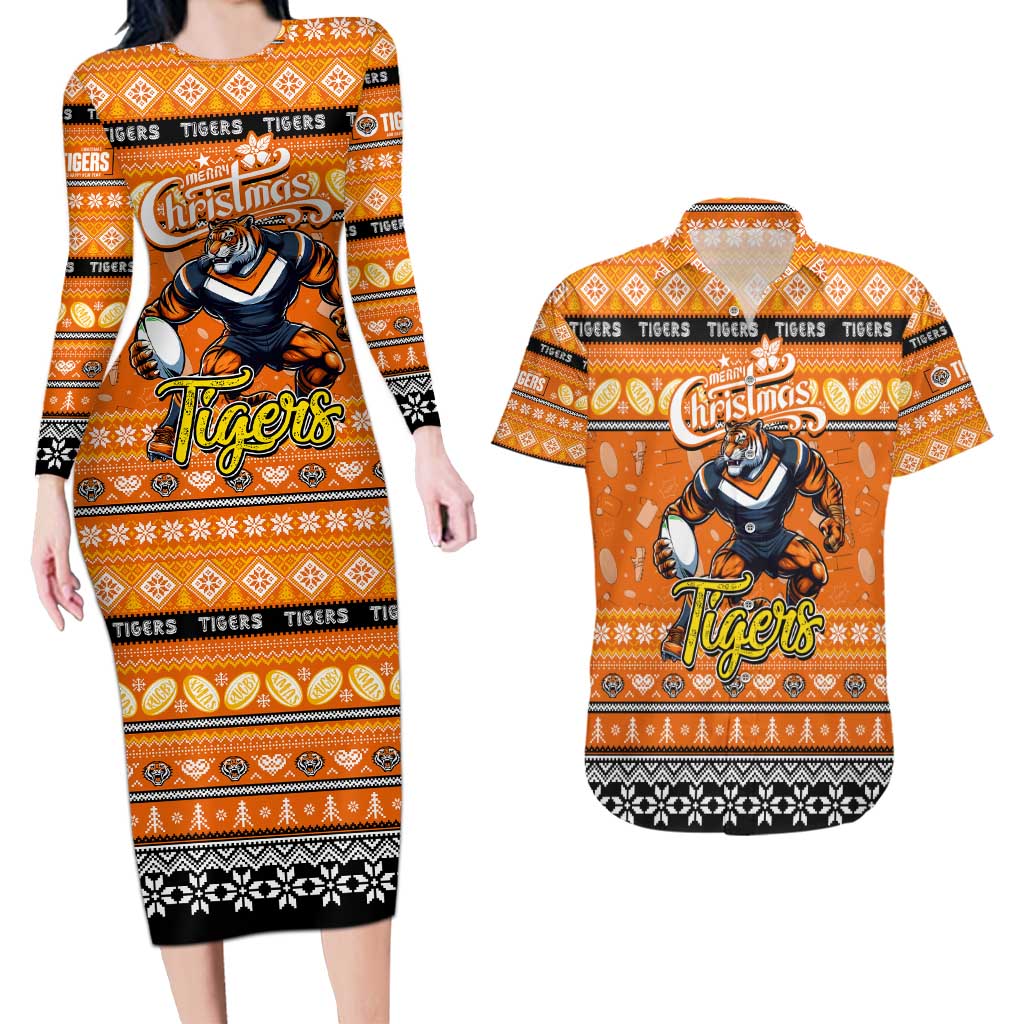 Personalized Tigers Rugby Xmas Couples Matching Long Sleeve Bodycon Dress and Hawaiian Shirt Australia NRL Mascot