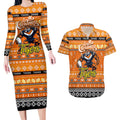 Personalized Tigers Rugby Xmas Couples Matching Long Sleeve Bodycon Dress and Hawaiian Shirt Australia NRL Mascot