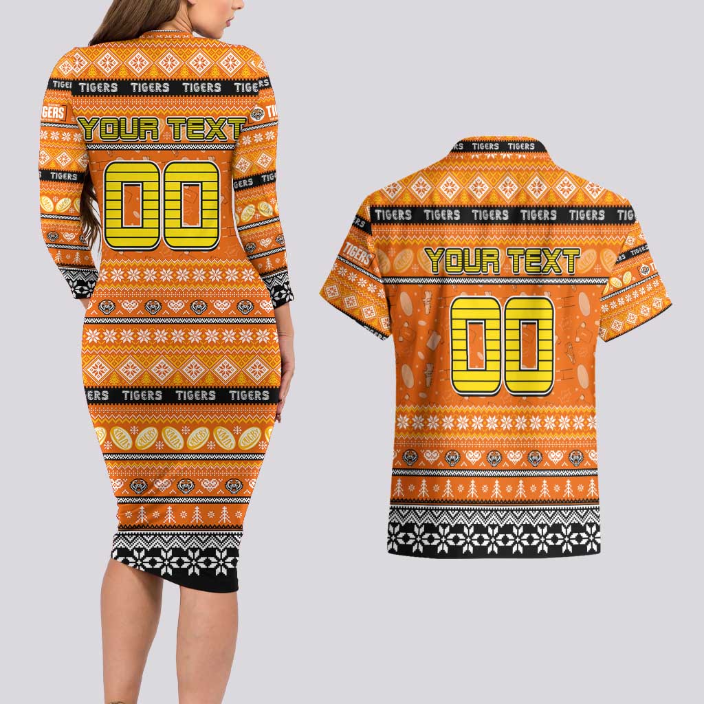 Personalized Tigers Rugby Xmas Couples Matching Long Sleeve Bodycon Dress and Hawaiian Shirt Australia NRL Mascot