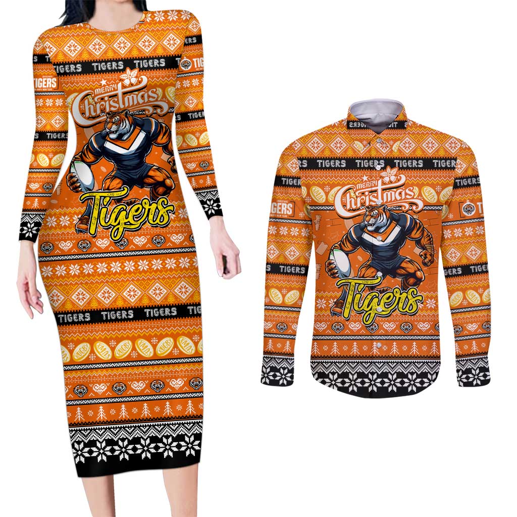 Personalized Tigers Rugby Xmas Couples Matching Long Sleeve Bodycon Dress and Long Sleeve Button Shirt Australia NRL Mascot