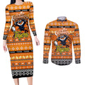 Personalized Tigers Rugby Xmas Couples Matching Long Sleeve Bodycon Dress and Long Sleeve Button Shirt Australia NRL Mascot