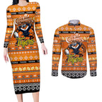 Personalized Tigers Rugby Xmas Couples Matching Long Sleeve Bodycon Dress and Long Sleeve Button Shirt Australia NRL Mascot