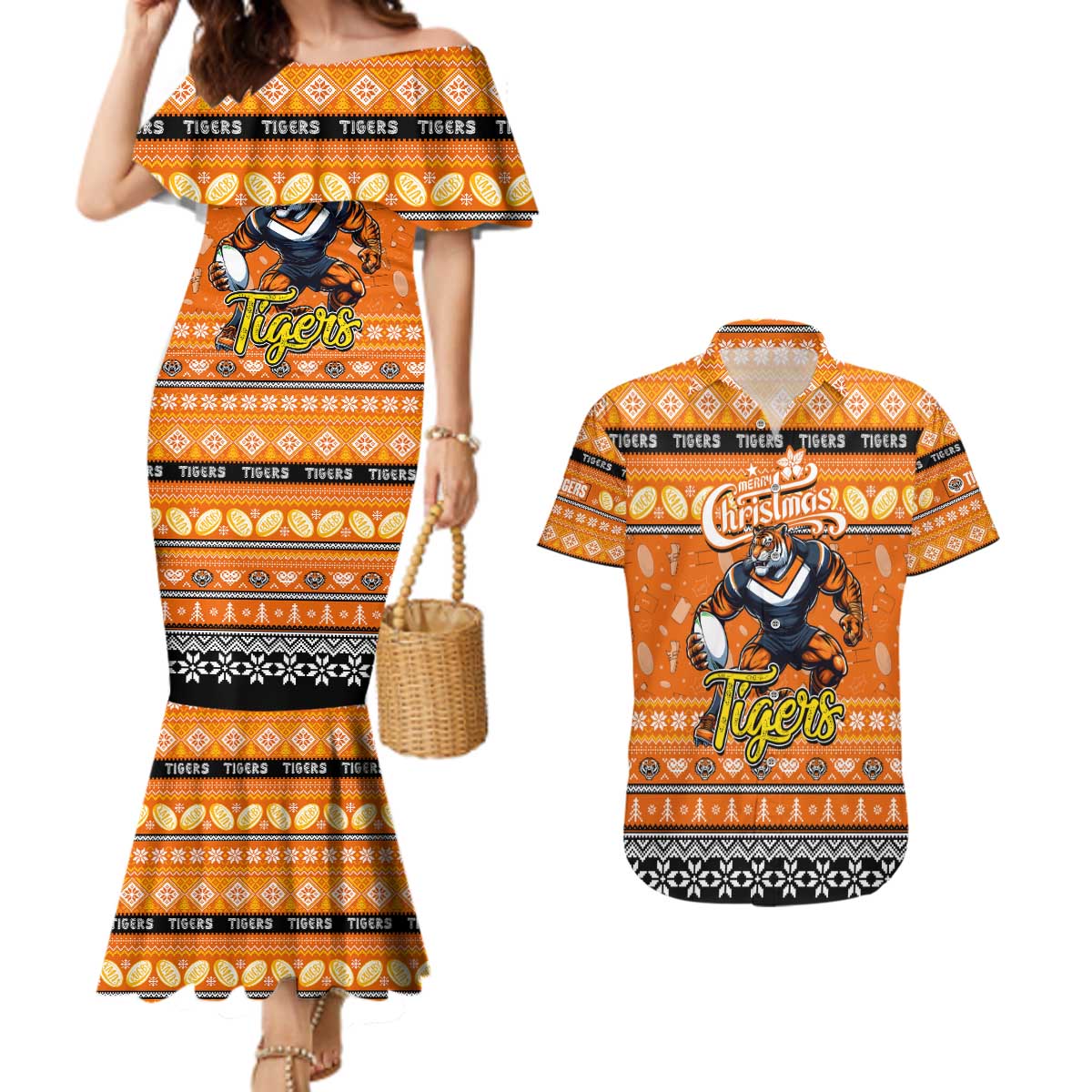Personalized Tigers Rugby Xmas Couples Matching Mermaid Dress and Hawaiian Shirt Australia NRL Mascot