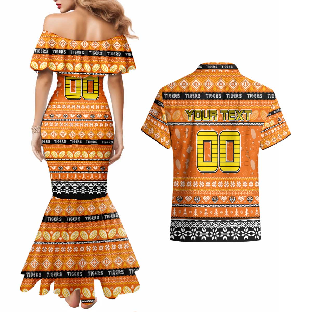 Personalized Tigers Rugby Xmas Couples Matching Mermaid Dress and Hawaiian Shirt Australia NRL Mascot