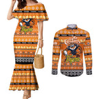 Personalized Tigers Rugby Xmas Couples Matching Mermaid Dress and Long Sleeve Button Shirt Australia NRL Mascot