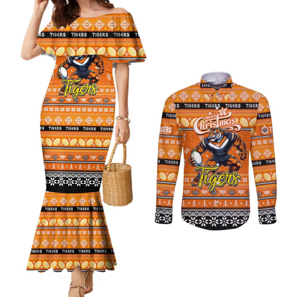 Personalized Tigers Rugby Xmas Couples Matching Mermaid Dress and Long Sleeve Button Shirt Australia NRL Mascot