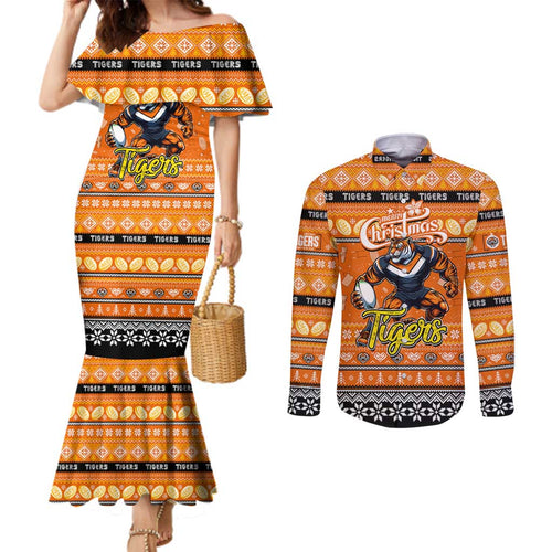 Personalized Tigers Rugby Xmas Couples Matching Mermaid Dress and Long Sleeve Button Shirt Australia NRL Mascot